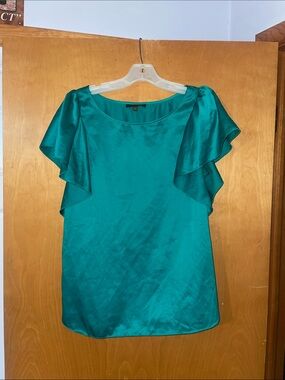 The limited Teal Satin Flutter Sleeve Blouse size medium